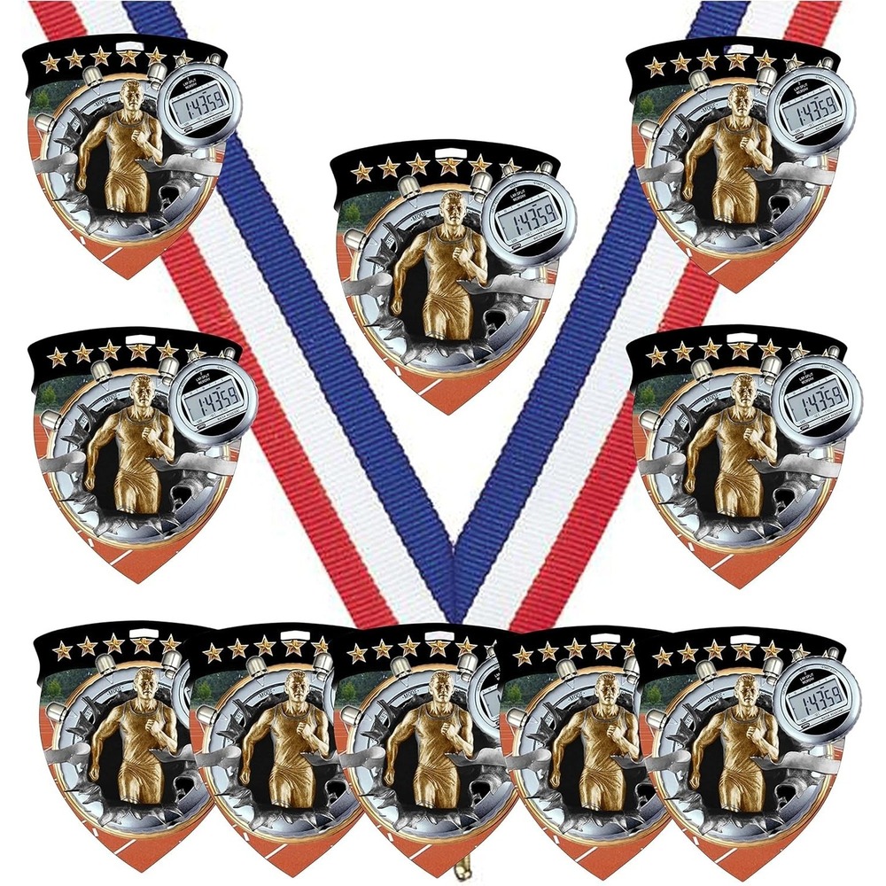 Express Medals 10 Pack Track Award Medals with Neck Ribbons Black Shield CSM437